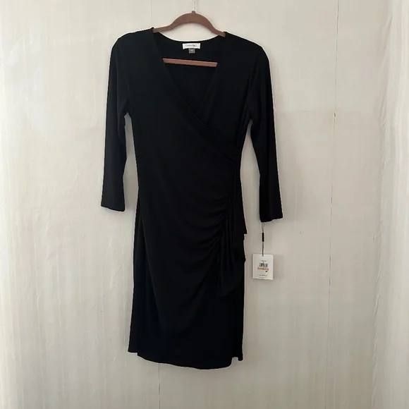 calvin klein ruffle dress black CALVIN KLEIN BELTED RUFFLE DRESS  eKlozet